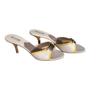 Michael Kors White and Yellow Open-Toe Kitten Heel Slides